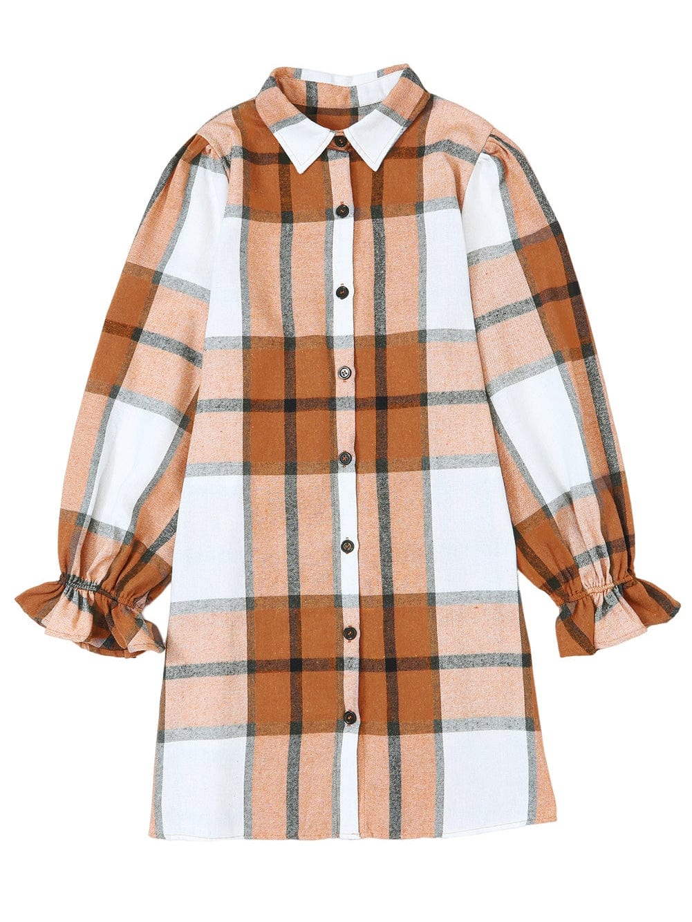 Khaki Plaid Ruffle Sleeve Shirt Dress with Collared Neck