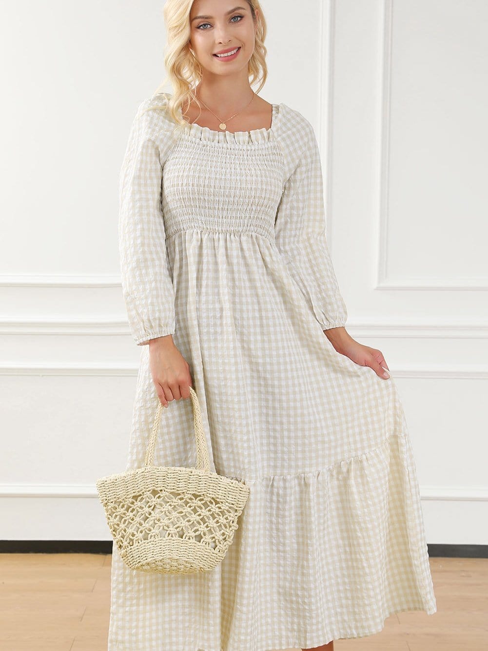 Khaki Plaid Tiered Maxi Dress with Ruffled Square Neck