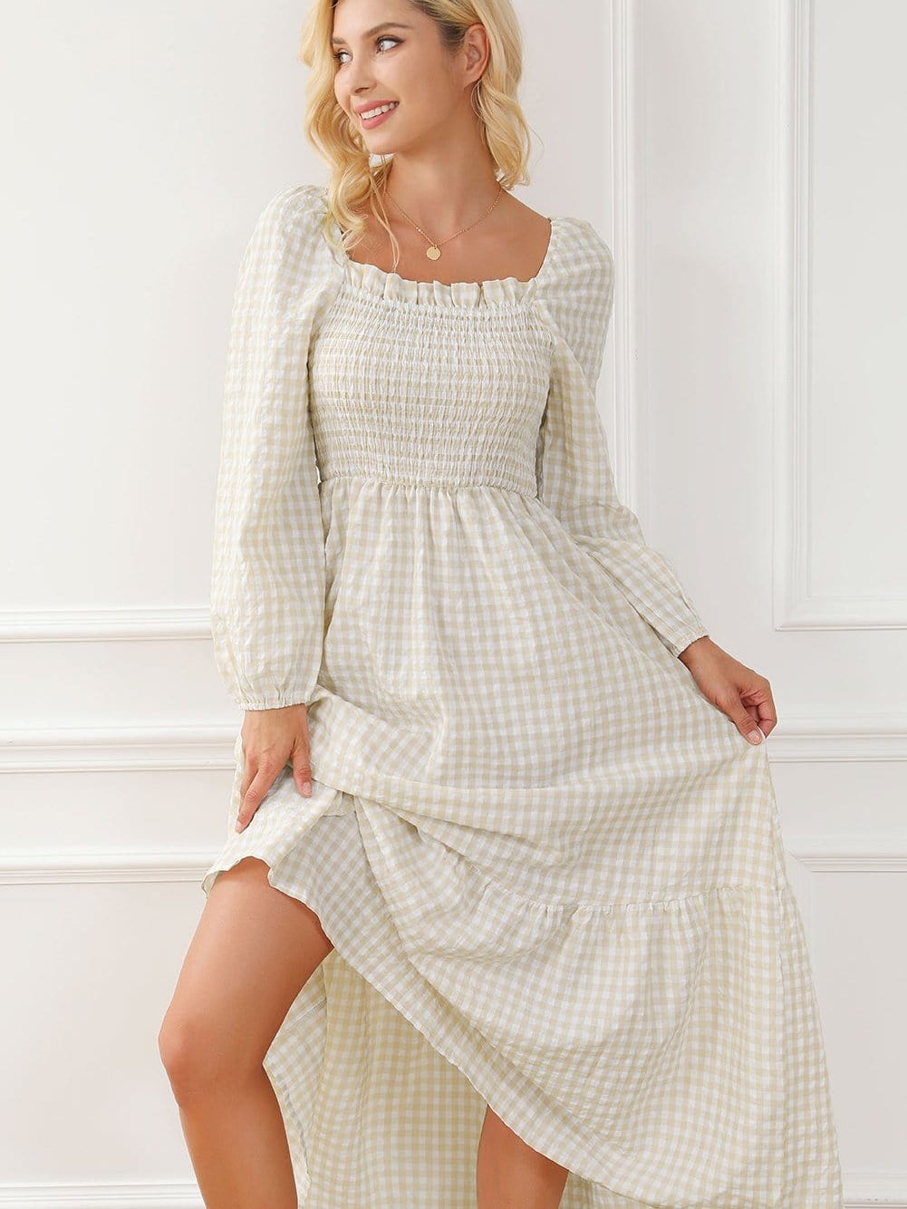 Khaki Plaid Tiered Maxi Dress with Ruffled Square Neck