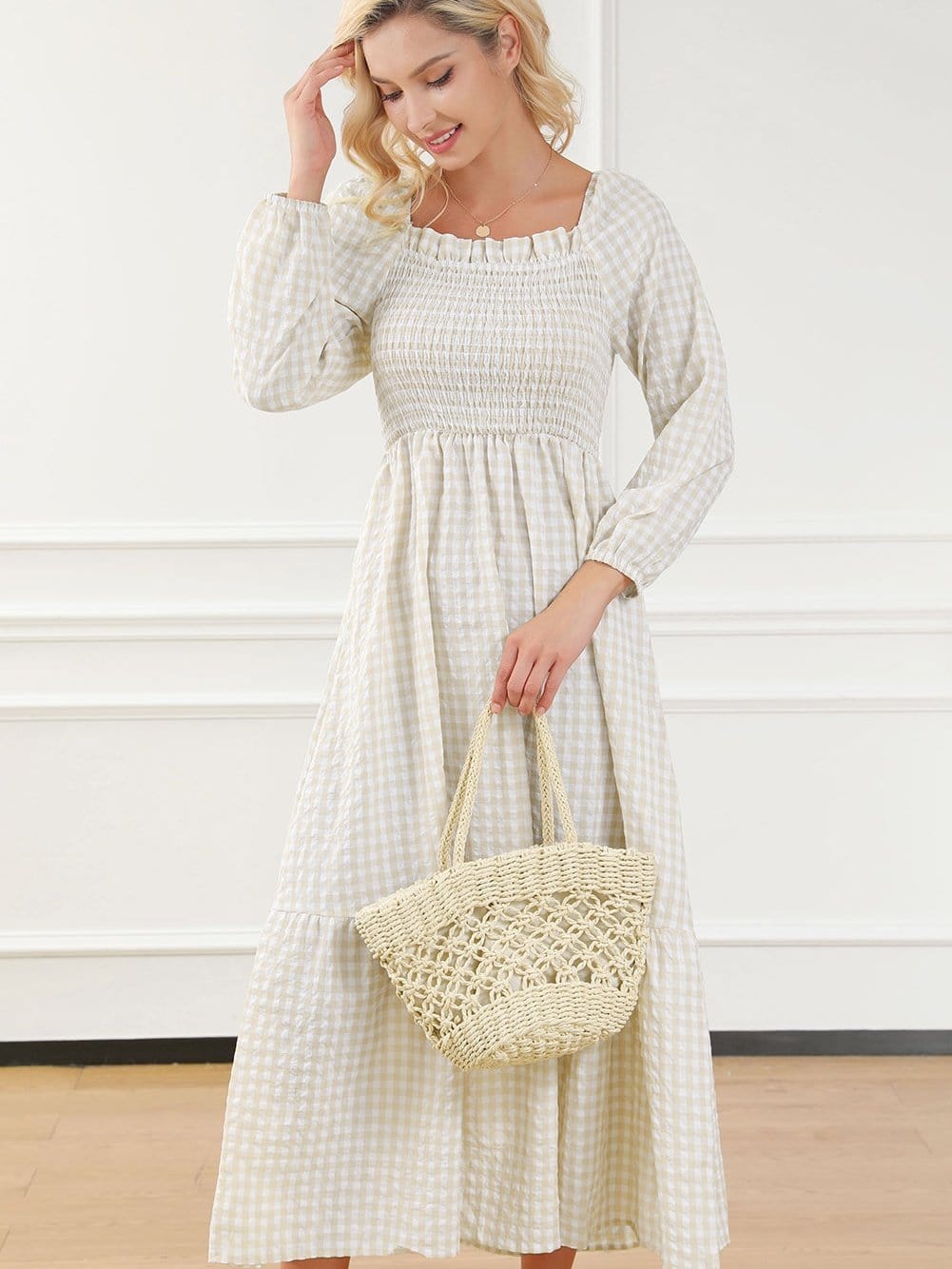 Khaki Plaid Tiered Maxi Dress with Ruffled Square Neck