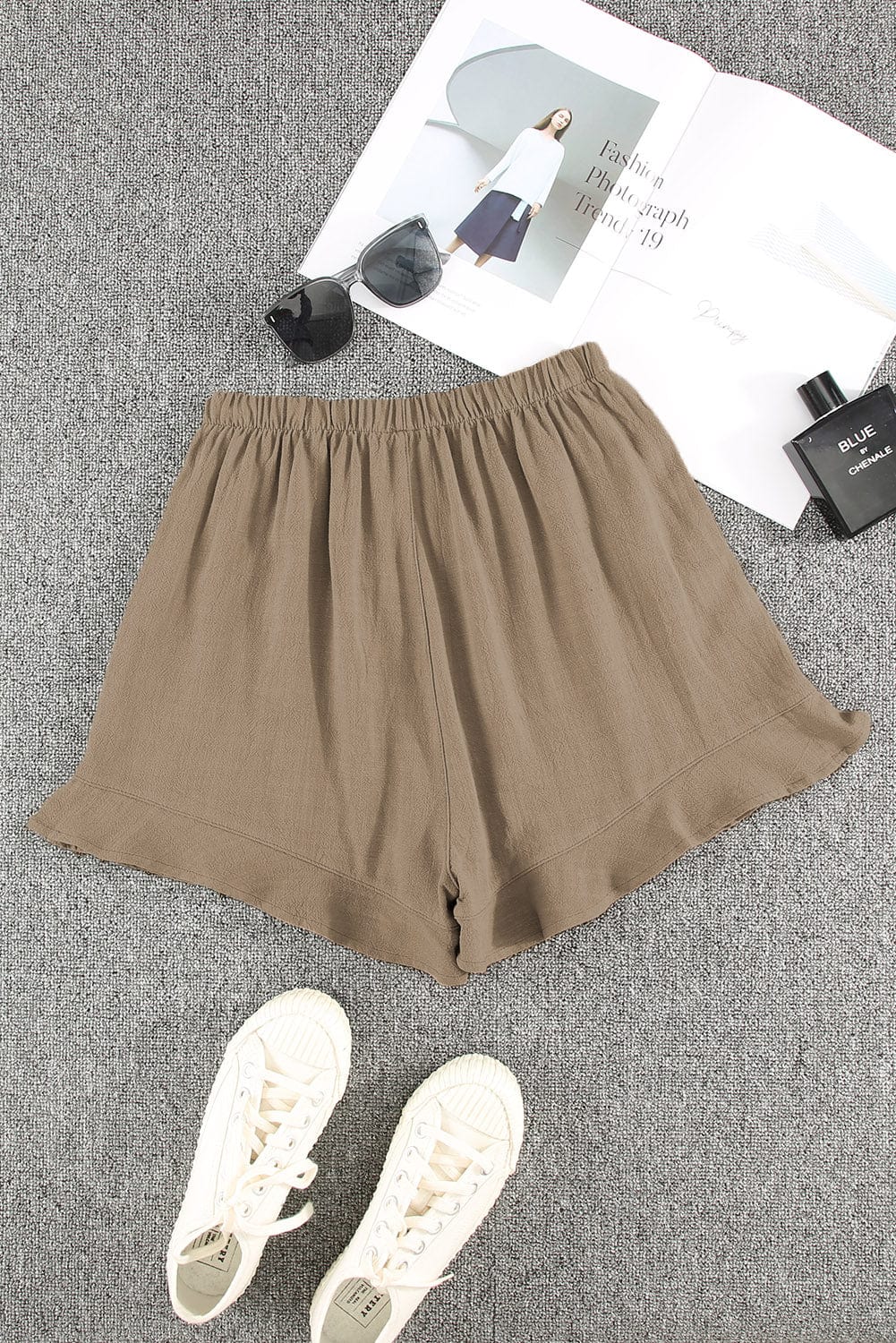 Khaki Pocketed Ruffle Shorts with High Waist