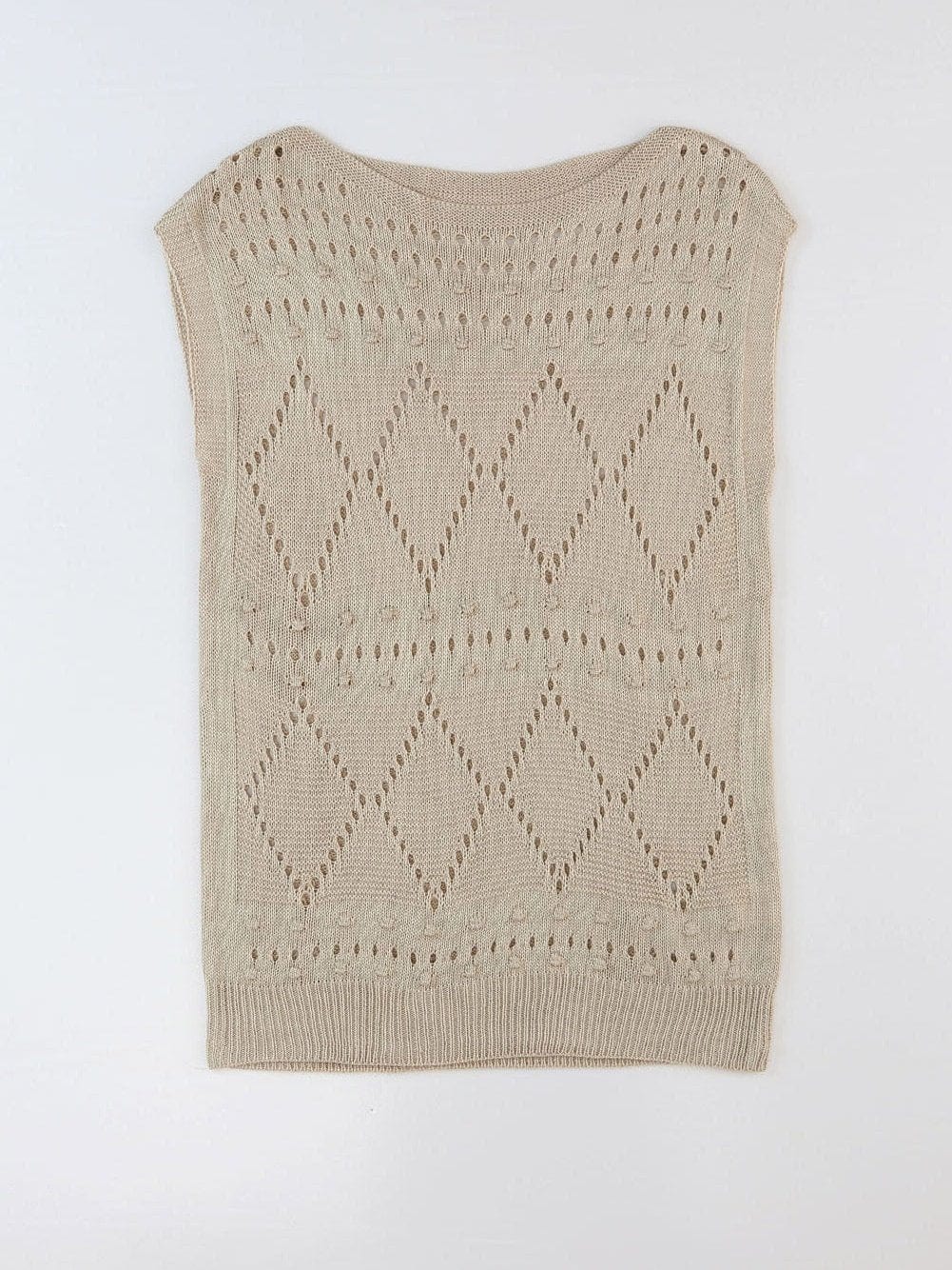 Khaki Pointelle Crochet Short Sleeve Knit Sweater Blouse