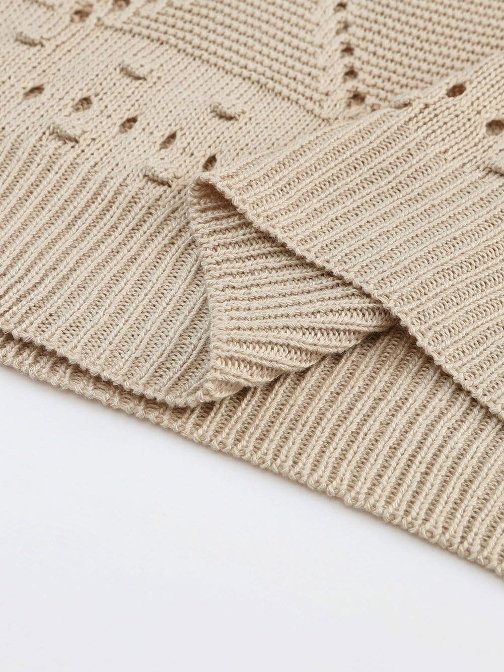 Khaki Pointelle Crochet Short Sleeve Knit Sweater Blouse