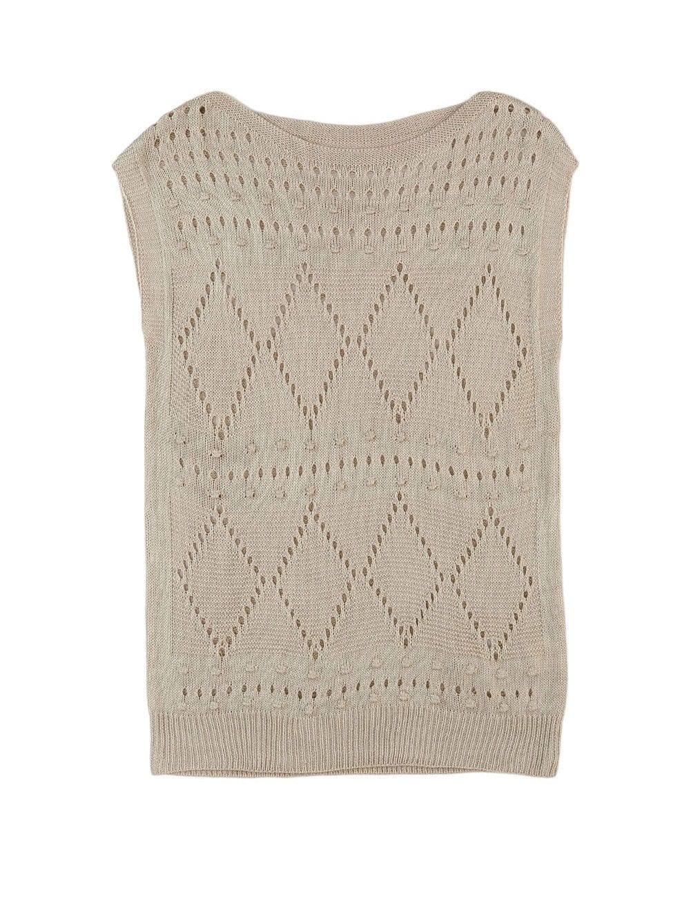 Khaki Pointelle Crochet Short Sleeve Knit Sweater Blouse