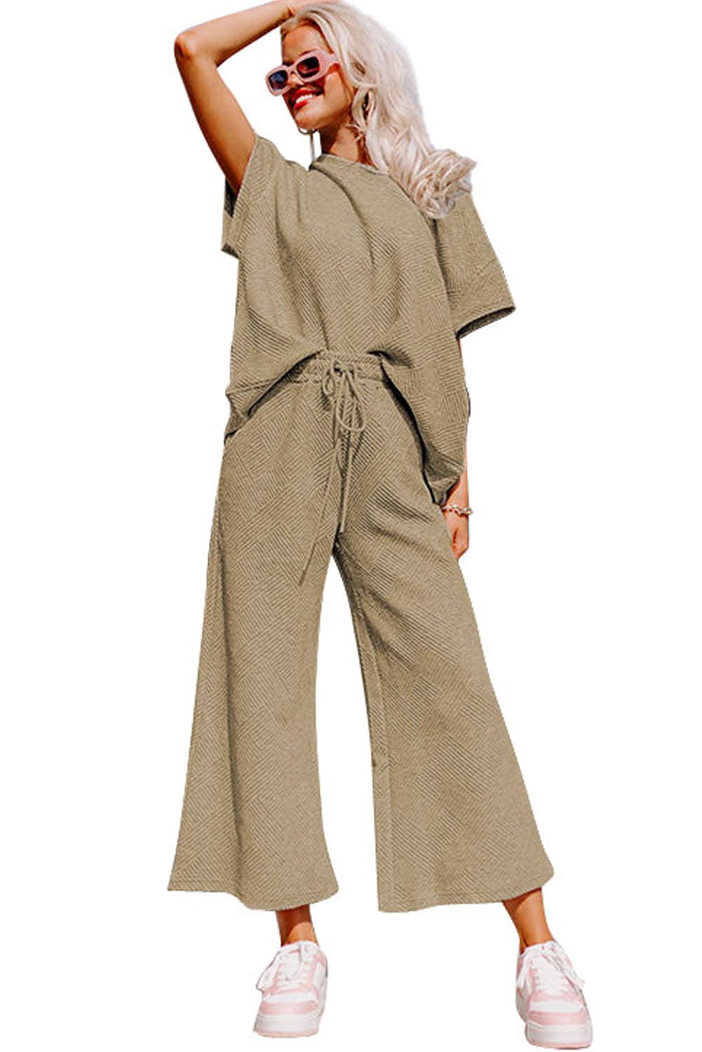 Khaki Ribbed Casual Lounge Set with Loose Fit Top and Drawstring Pants