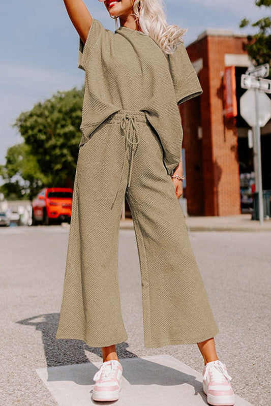 Khaki Ribbed Casual Lounge Set with Loose Fit Top and Drawstring Pants