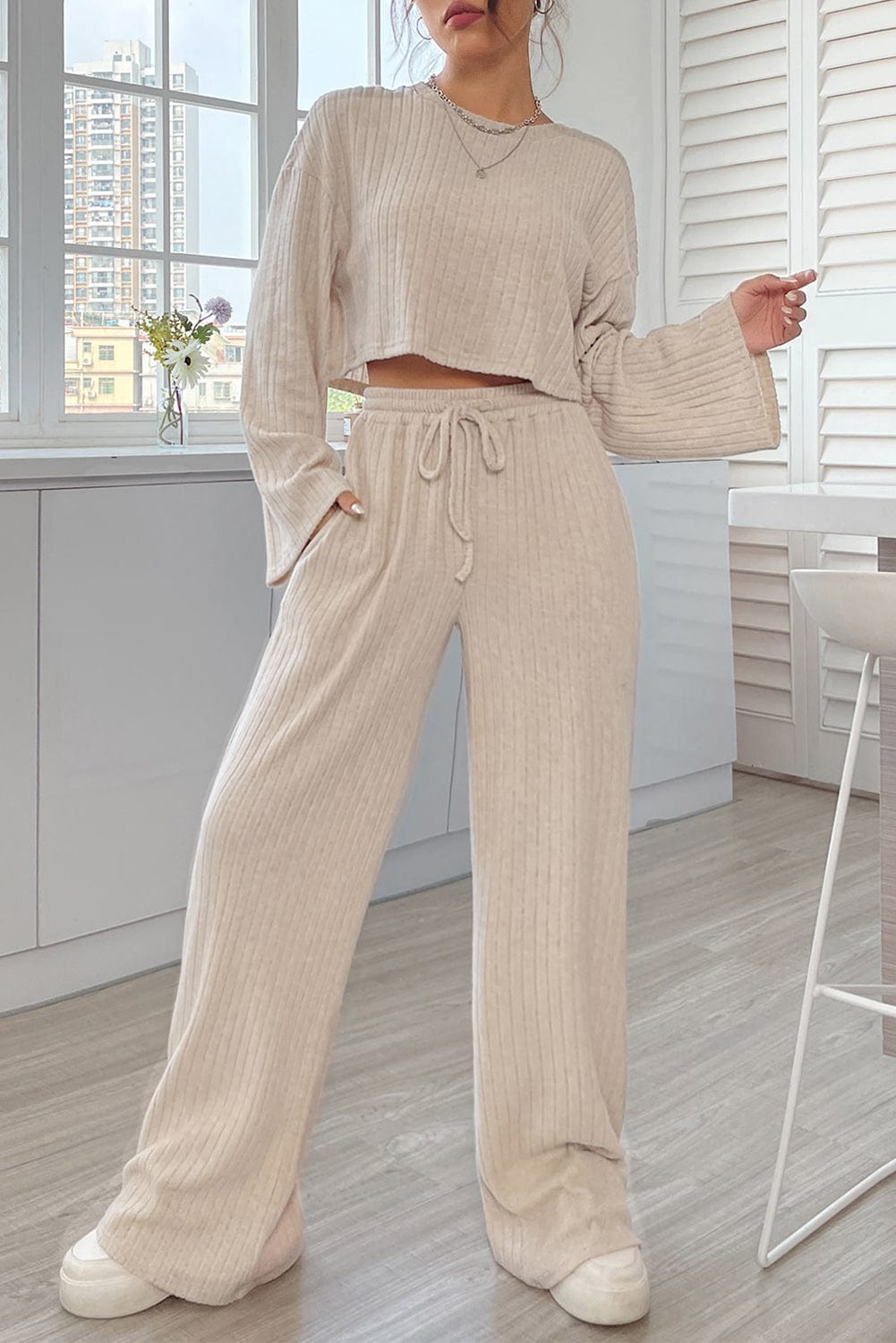 Khaki Ribbed Knit Bell Sleeve Matching Pants Lounge Set