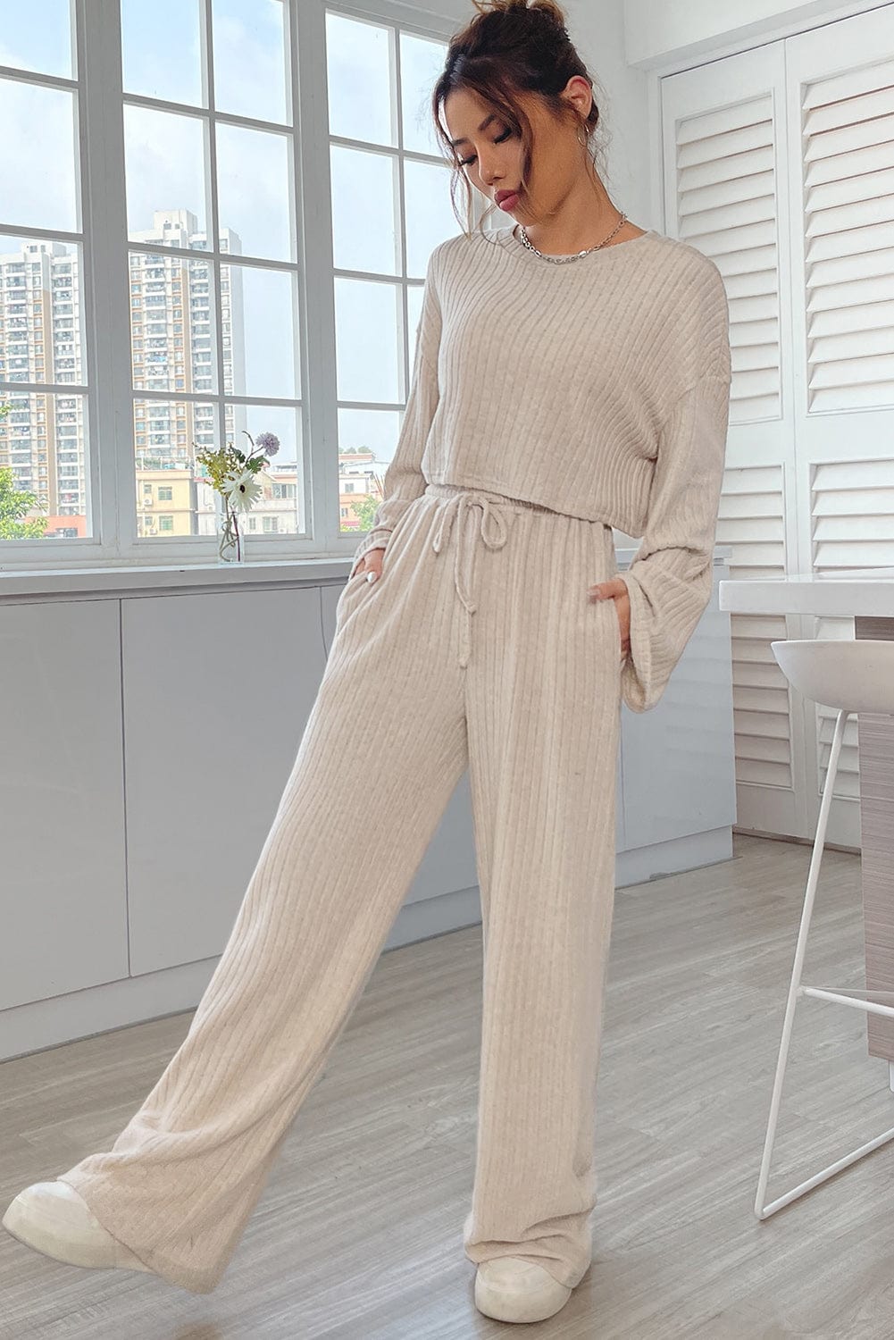 Khaki Ribbed Knit Bell Sleeve Matching Pants Lounge Set