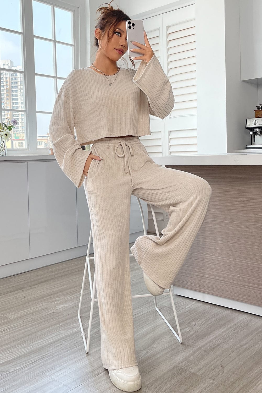 Khaki Ribbed Knit Bell Sleeve Matching Pants Lounge Set