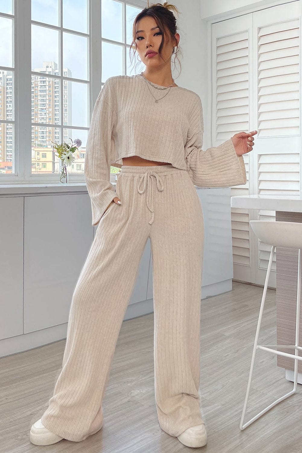 Khaki Ribbed Knit Bell Sleeve Matching Pants Lounge Set