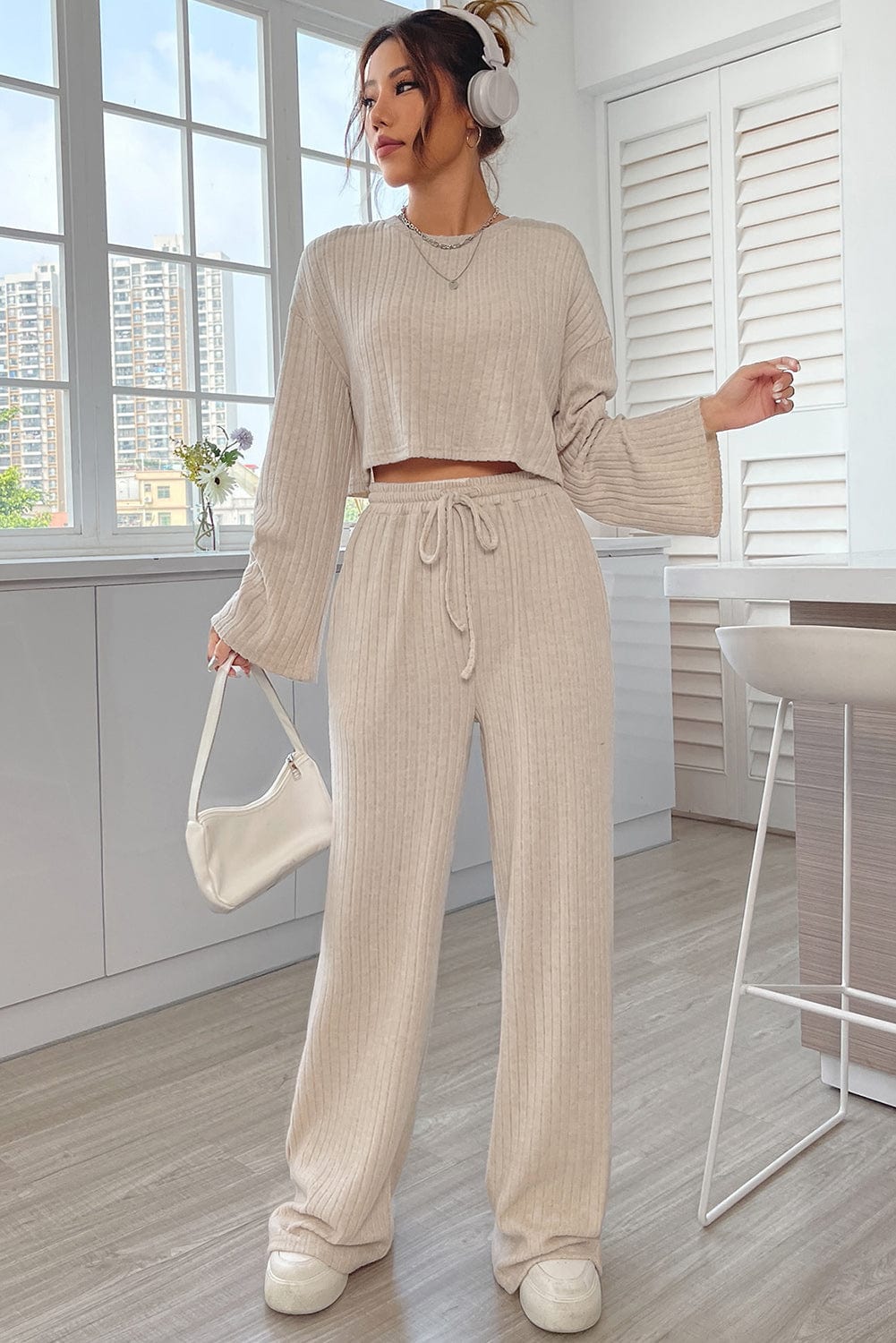 Khaki Ribbed Knit Bell Sleeve Matching Pants Lounge Set