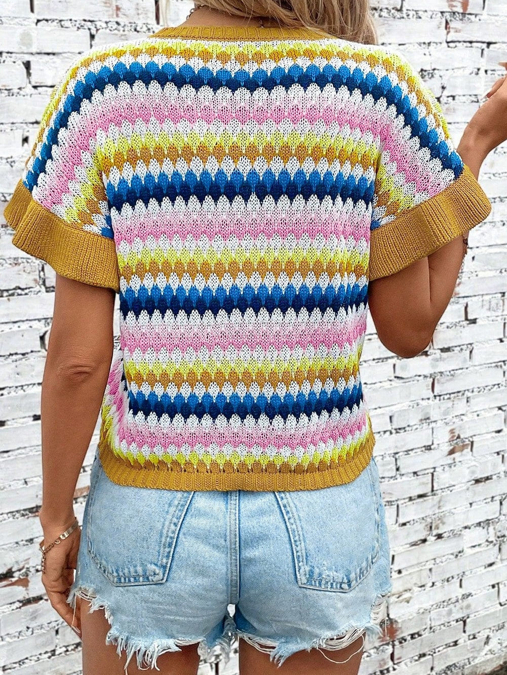 Khaki Ruffle Sleeve Abstract Patterned Sweater