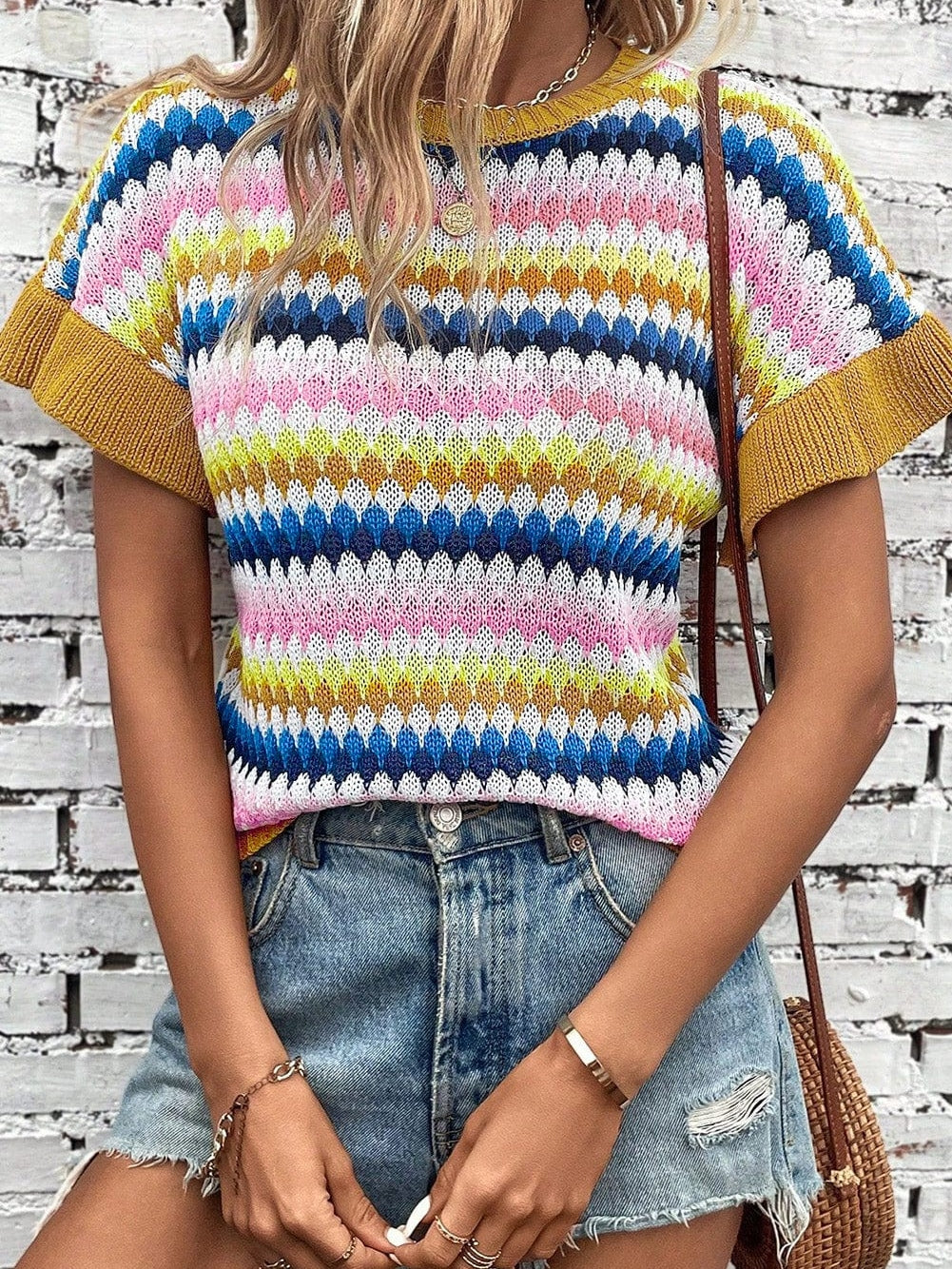 Khaki Ruffle Sleeve Abstract Patterned Sweater