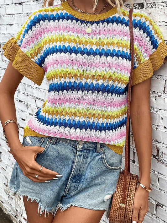 Khaki Ruffle Sleeve Abstract Patterned Sweater