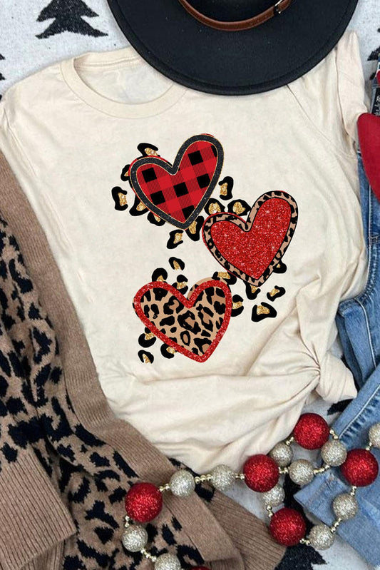 Khaki Sequin Heart Graphic Tee with Leopard Print