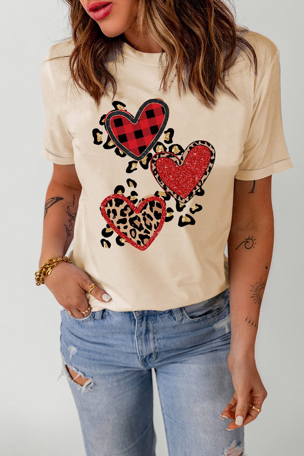 Khaki Sequin Heart Graphic Tee with Leopard Print