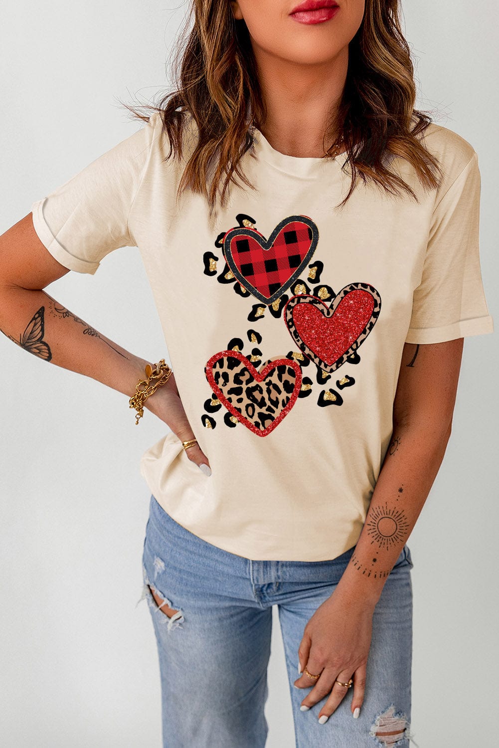 Khaki Sequin Heart Graphic Tee with Leopard Print