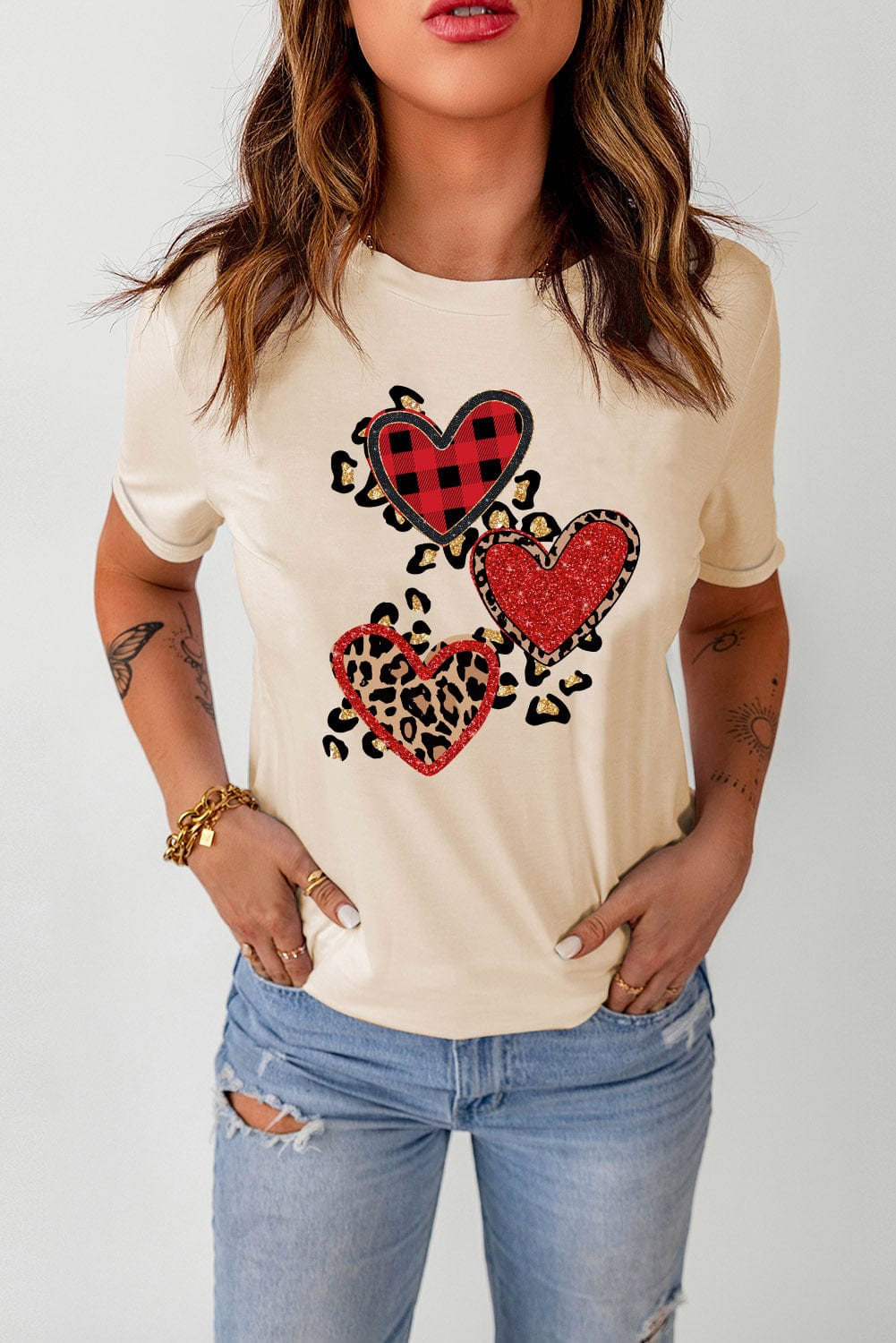 Khaki Sequin Heart Graphic Tee with Leopard Print