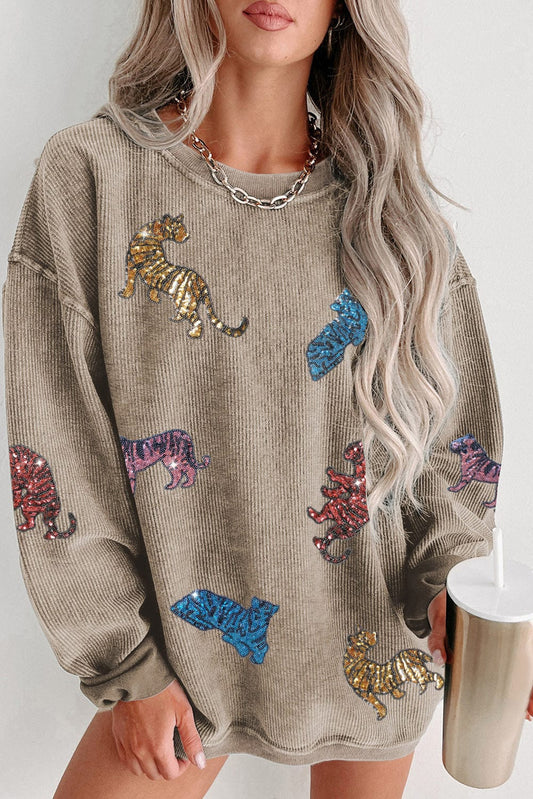 Khaki Sequin Tiger Print Oversized Corded Sweatshirt