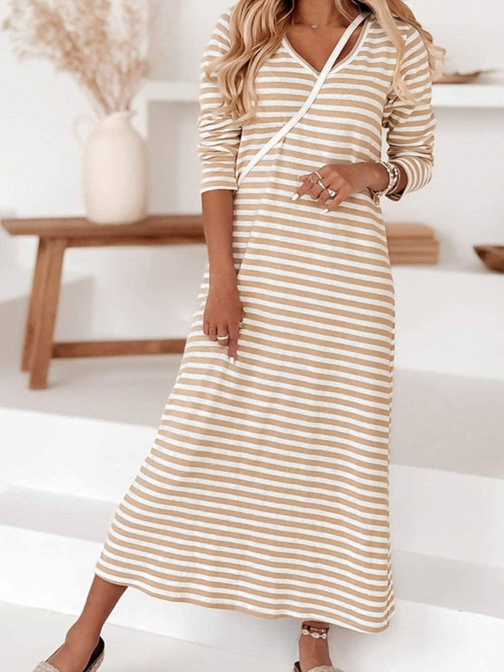Khaki Sheath Striped V-neck Maxi Dress