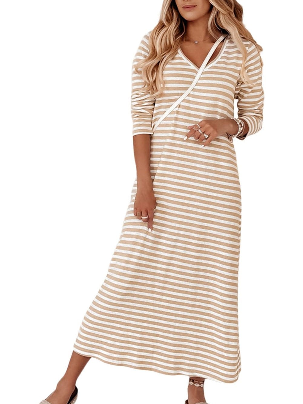 Khaki Sheath Striped V-neck Maxi Dress