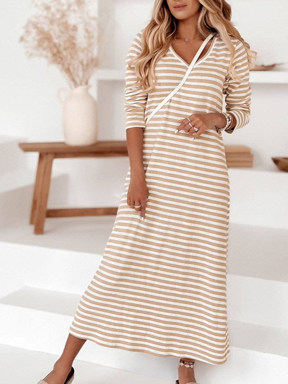 Khaki Sheath Striped V-neck Maxi Dress