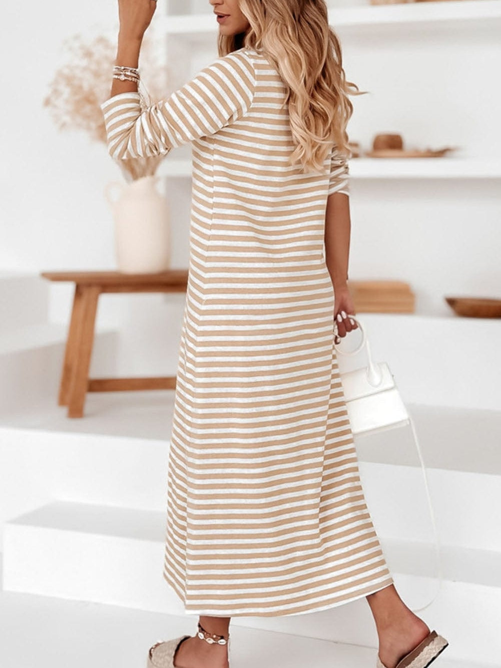 Khaki Sheath Striped V-neck Maxi Dress