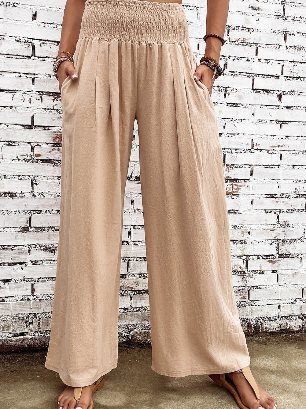 Khaki Shirred High Waist Wide Leg Pants