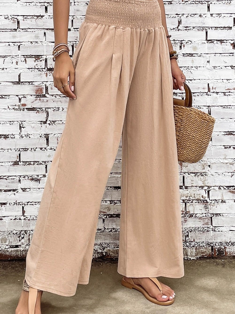 Khaki Shirred High Waist Wide Leg Pants