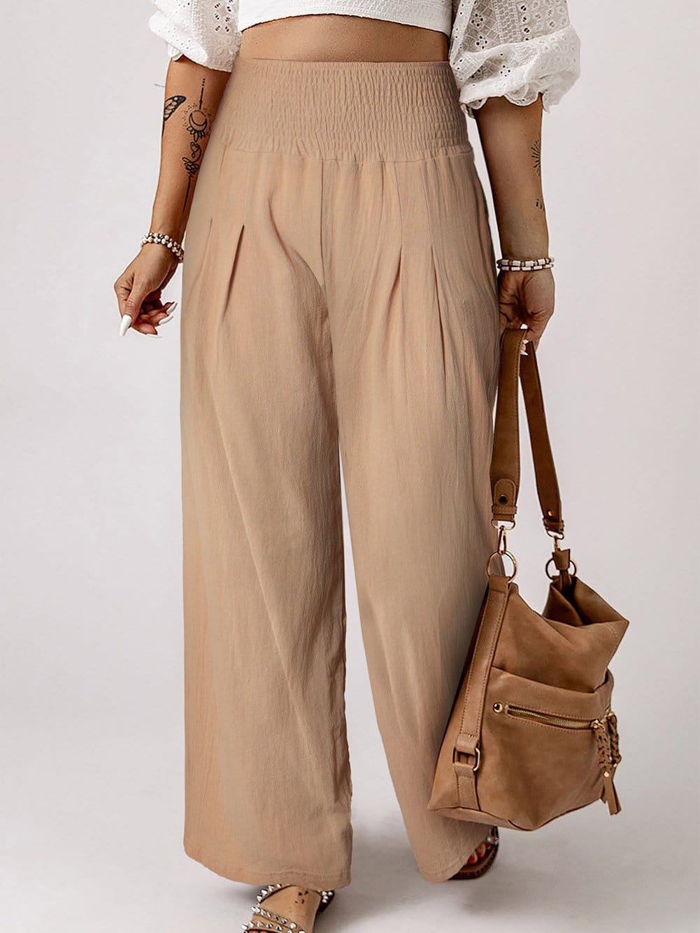 Khaki Shirred High Waist Wide Leg Pants