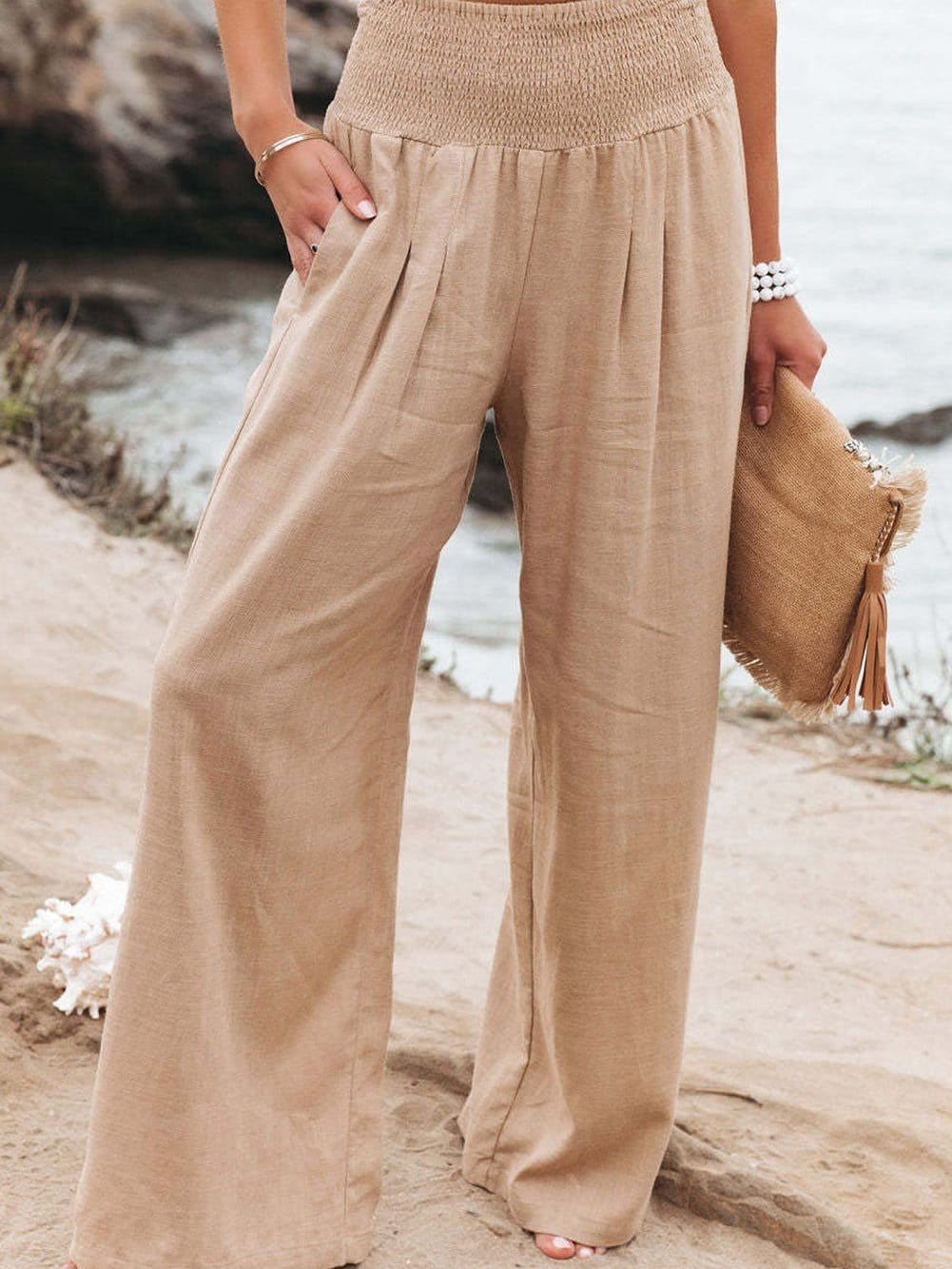 Khaki Shirred High Waist Wide Leg Pants