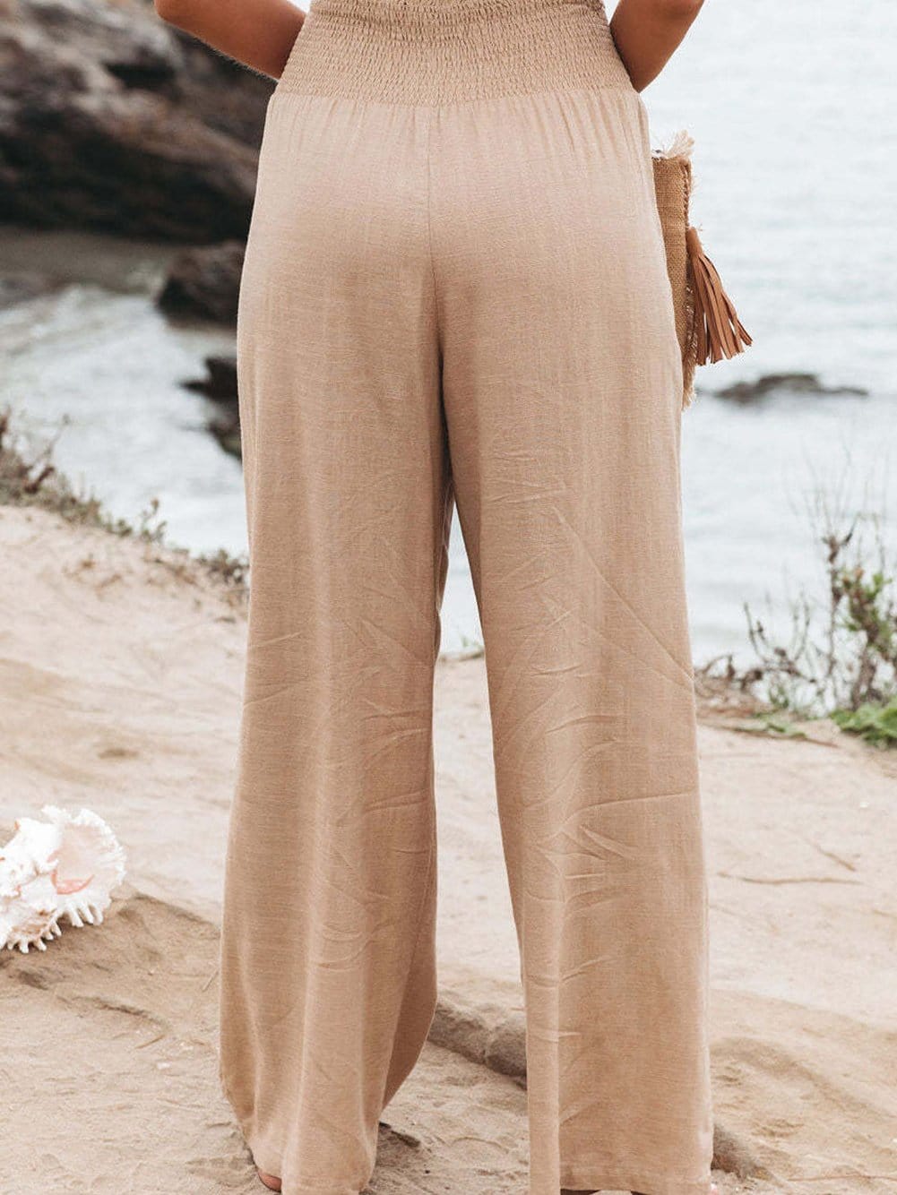 Khaki Shirred High Waist Wide Leg Pants