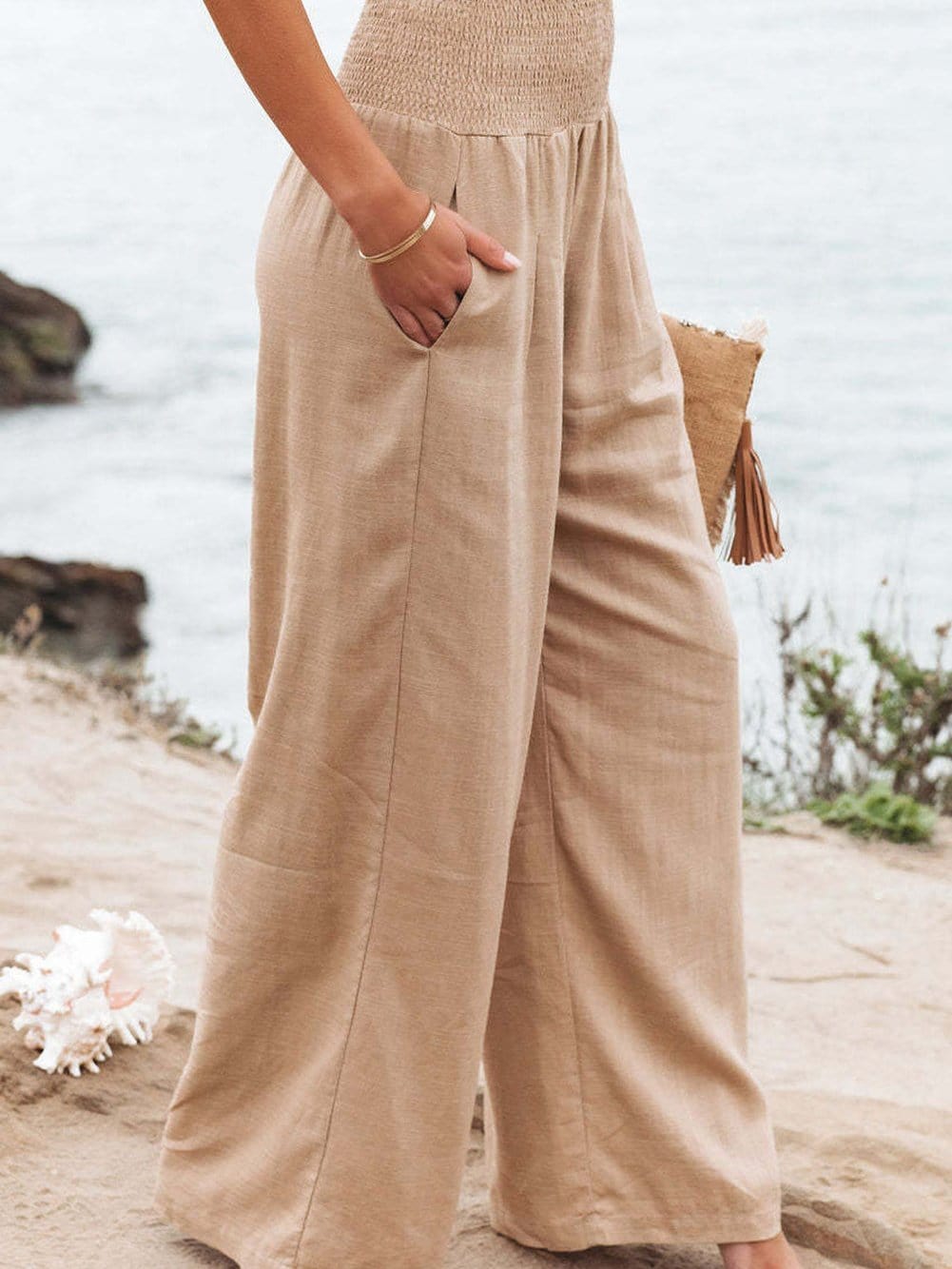 Khaki Shirred High Waist Wide Leg Pants