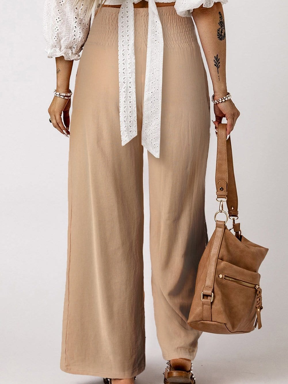 Khaki Shirred High Waist Wide Leg Pants