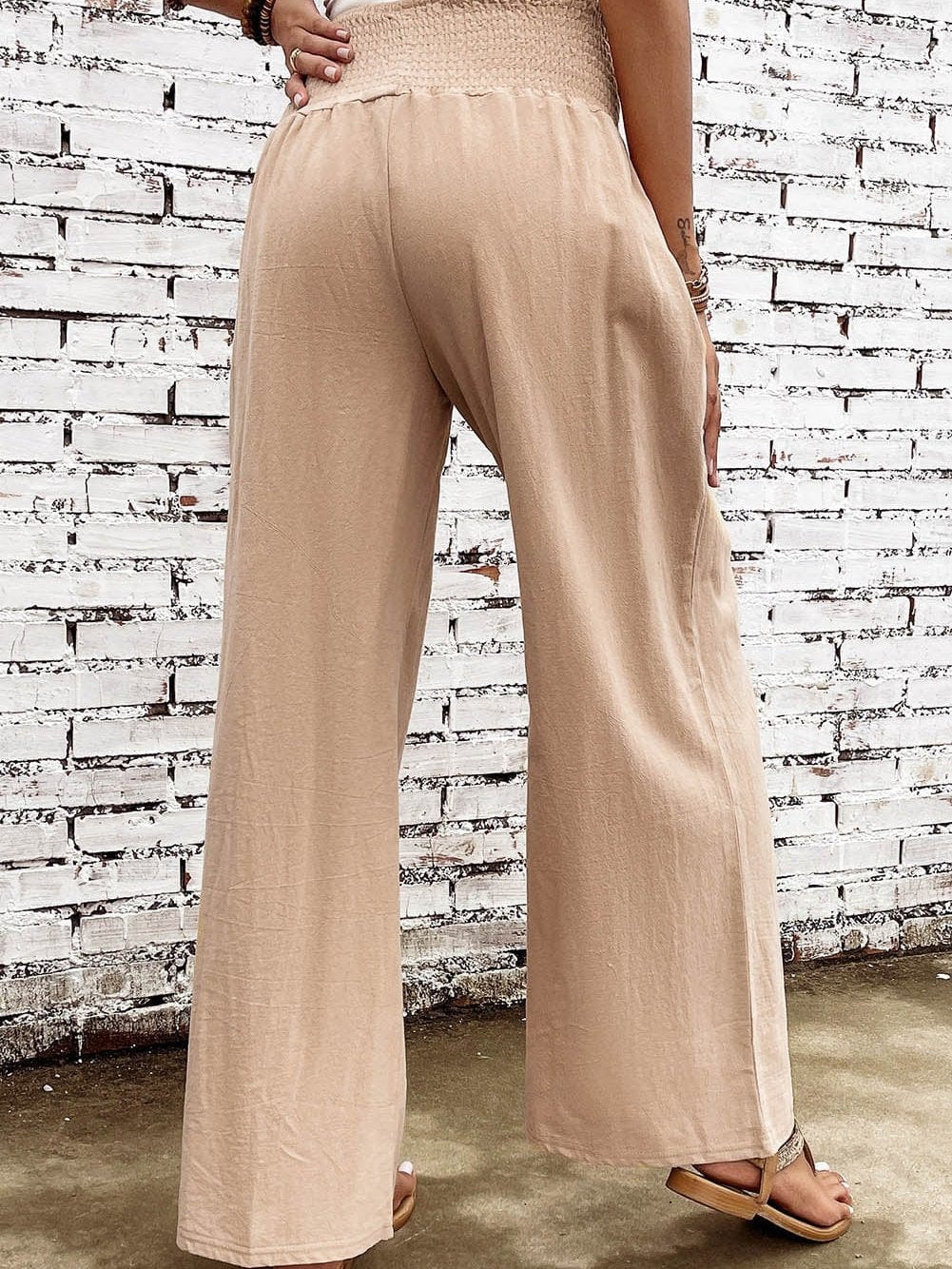 Khaki Shirred High Waist Wide Leg Pants
