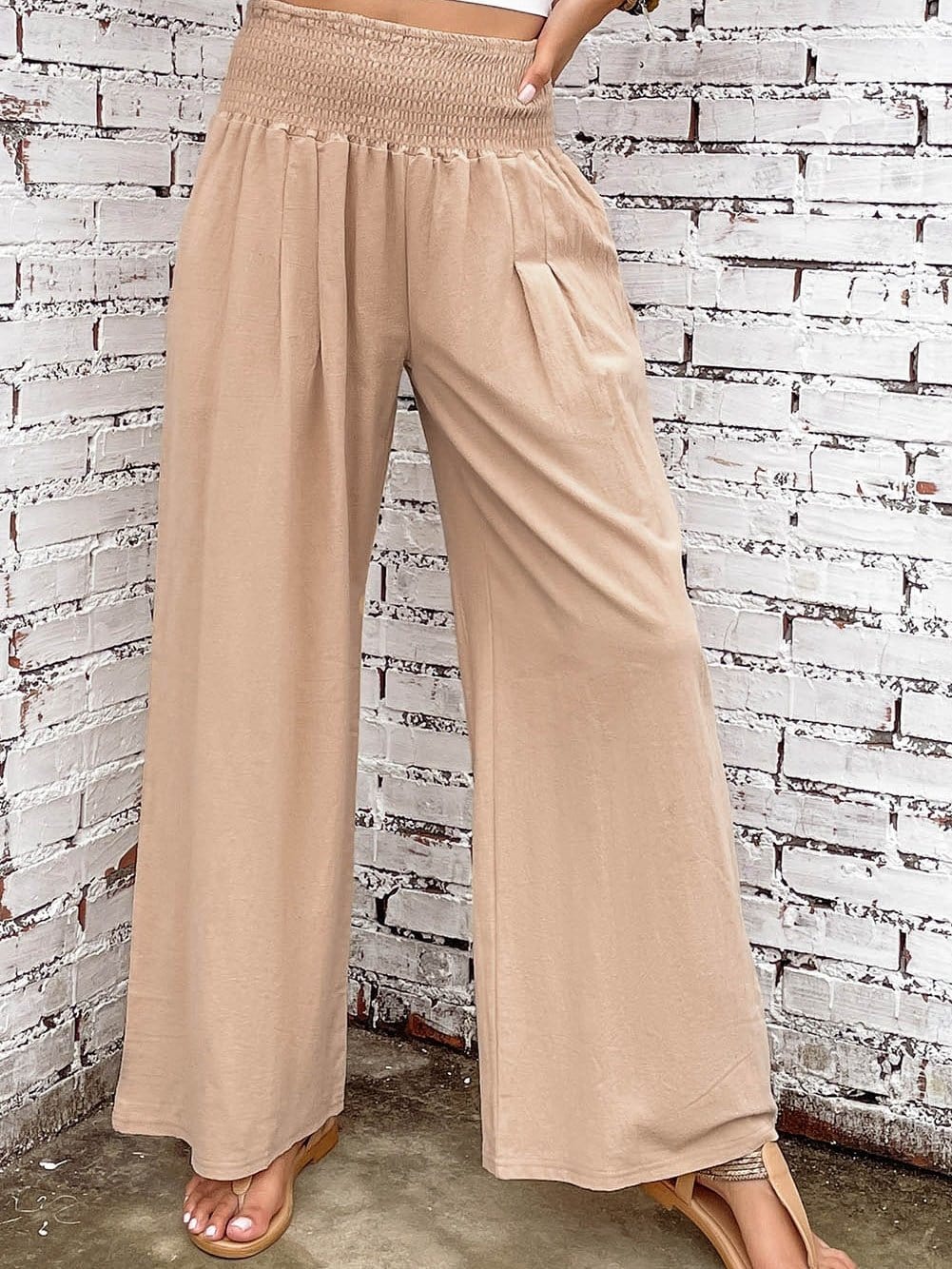 Khaki Shirred High Waist Wide Leg Pants