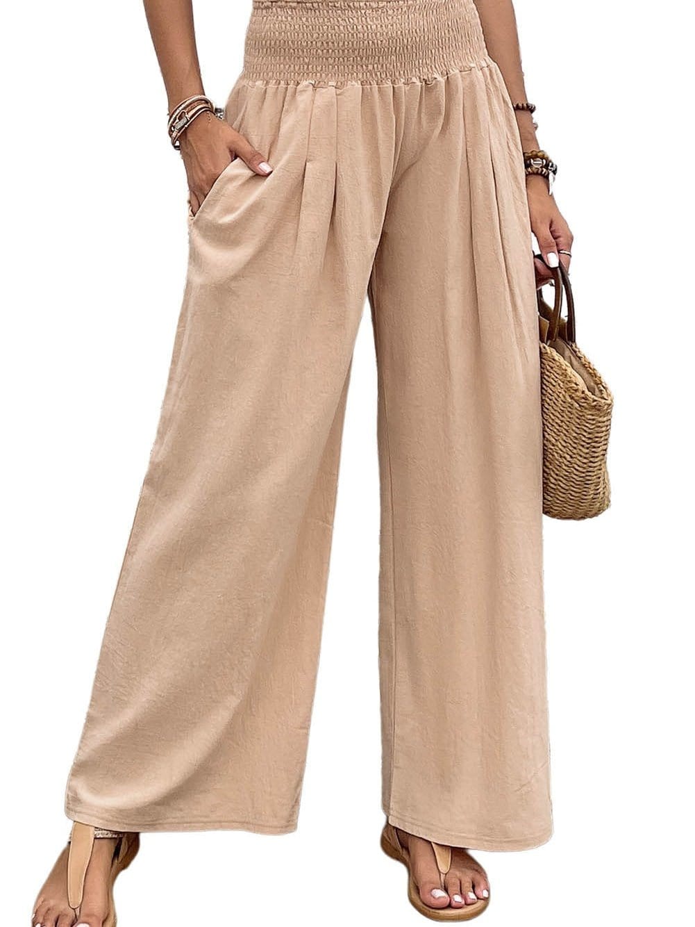 Khaki Shirred High Waist Wide Leg Pants