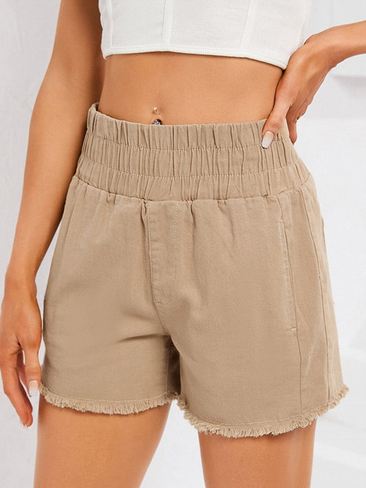Khaki Smocked Elastic High Waist Casual Shorts