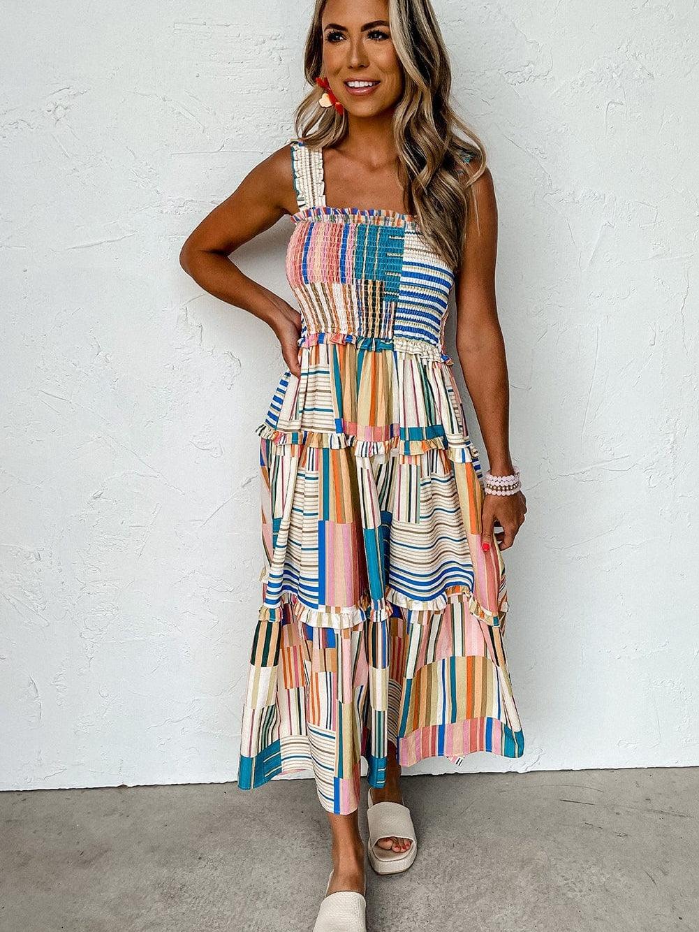 Khaki Smocked Tiered Maxi Dress with Striped Wide Straps