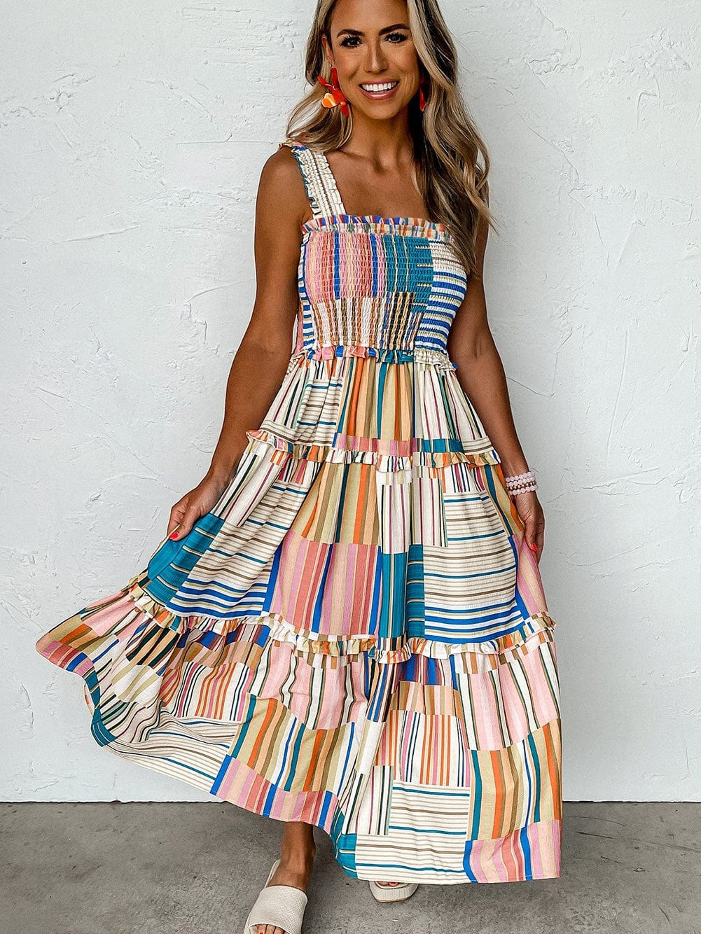Khaki Smocked Tiered Maxi Dress with Striped Wide Straps