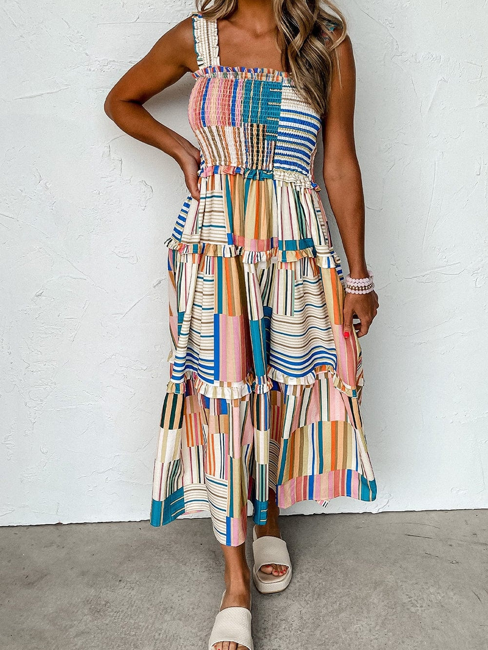 Khaki Smocked Tiered Maxi Dress with Striped Wide Straps