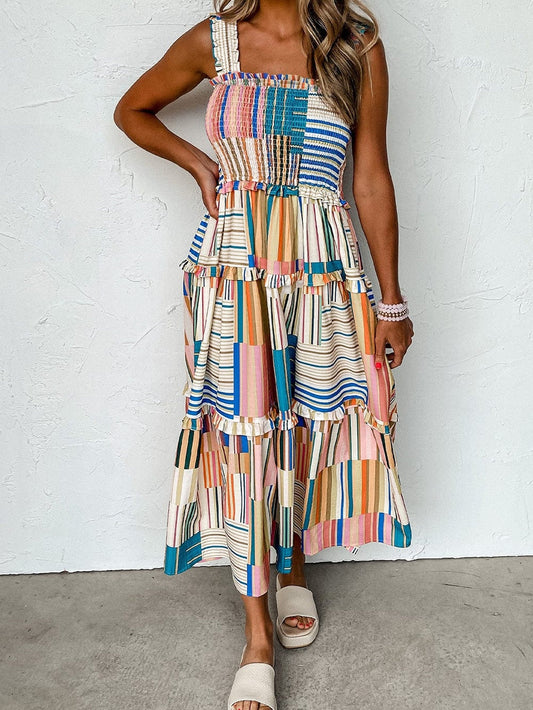 Khaki Smocked Tiered Maxi Dress with Striped Wide Straps