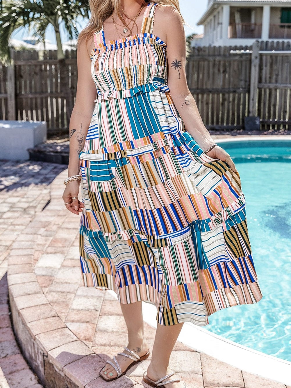 Khaki Smocked Tiered Maxi Dress with Striped Wide Straps