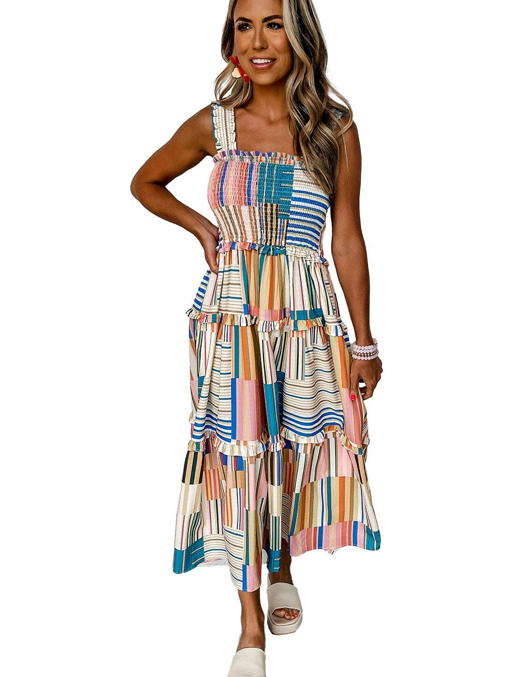 Khaki Smocked Tiered Maxi Dress with Striped Wide Straps