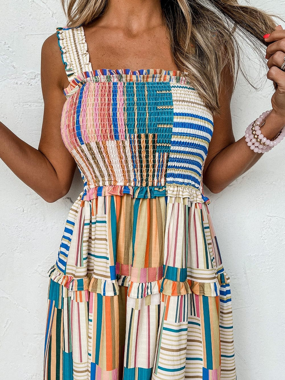 Khaki Smocked Tiered Maxi Dress with Striped Wide Straps