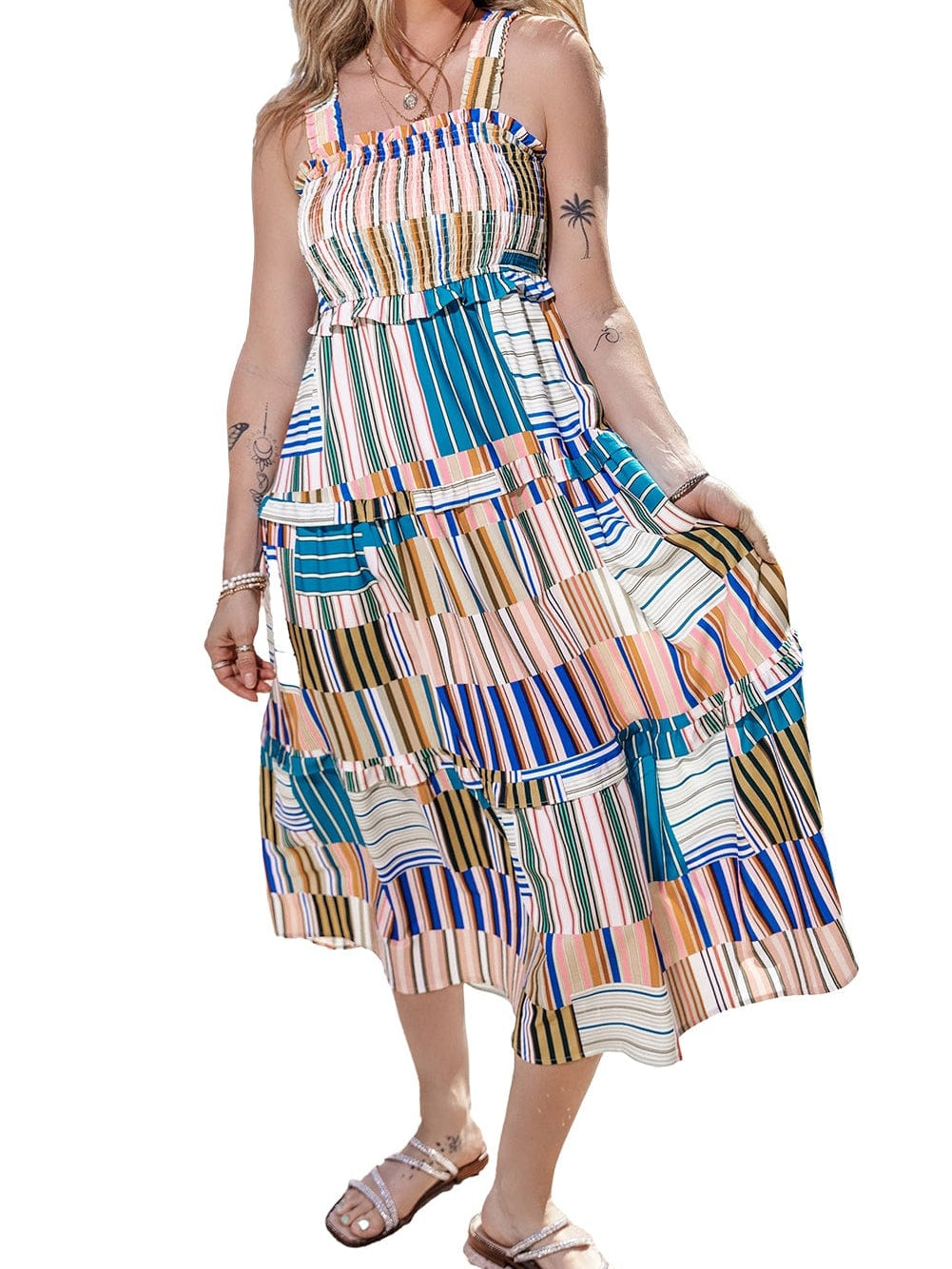 Khaki Smocked Tiered Maxi Dress with Striped Wide Straps