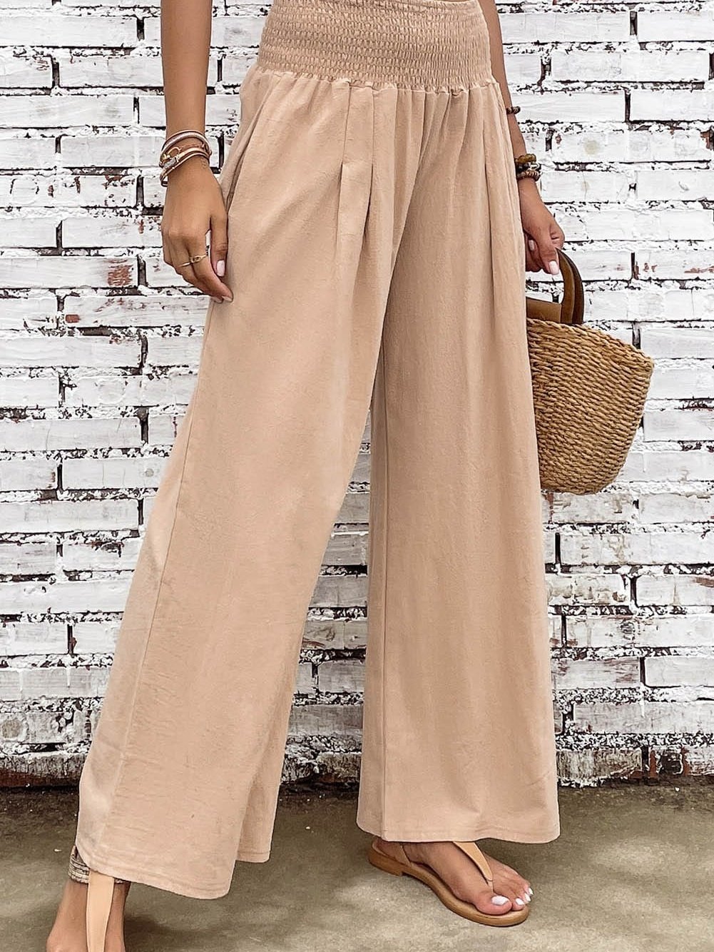Khaki Smocked Wide Waistband High Waist Wide Leg Pants