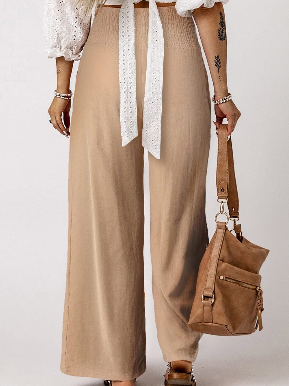 Khaki Smocked Wide Waistband High Waist Wide Leg Pants