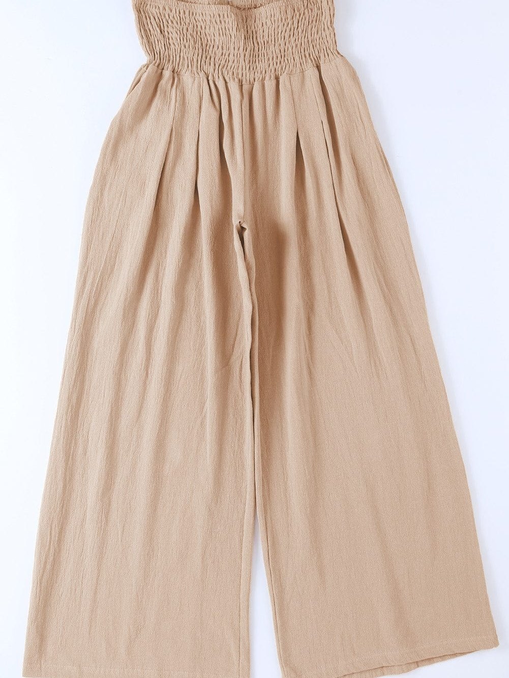 Khaki Smocked Wide Waistband High Waist Wide Leg Pants