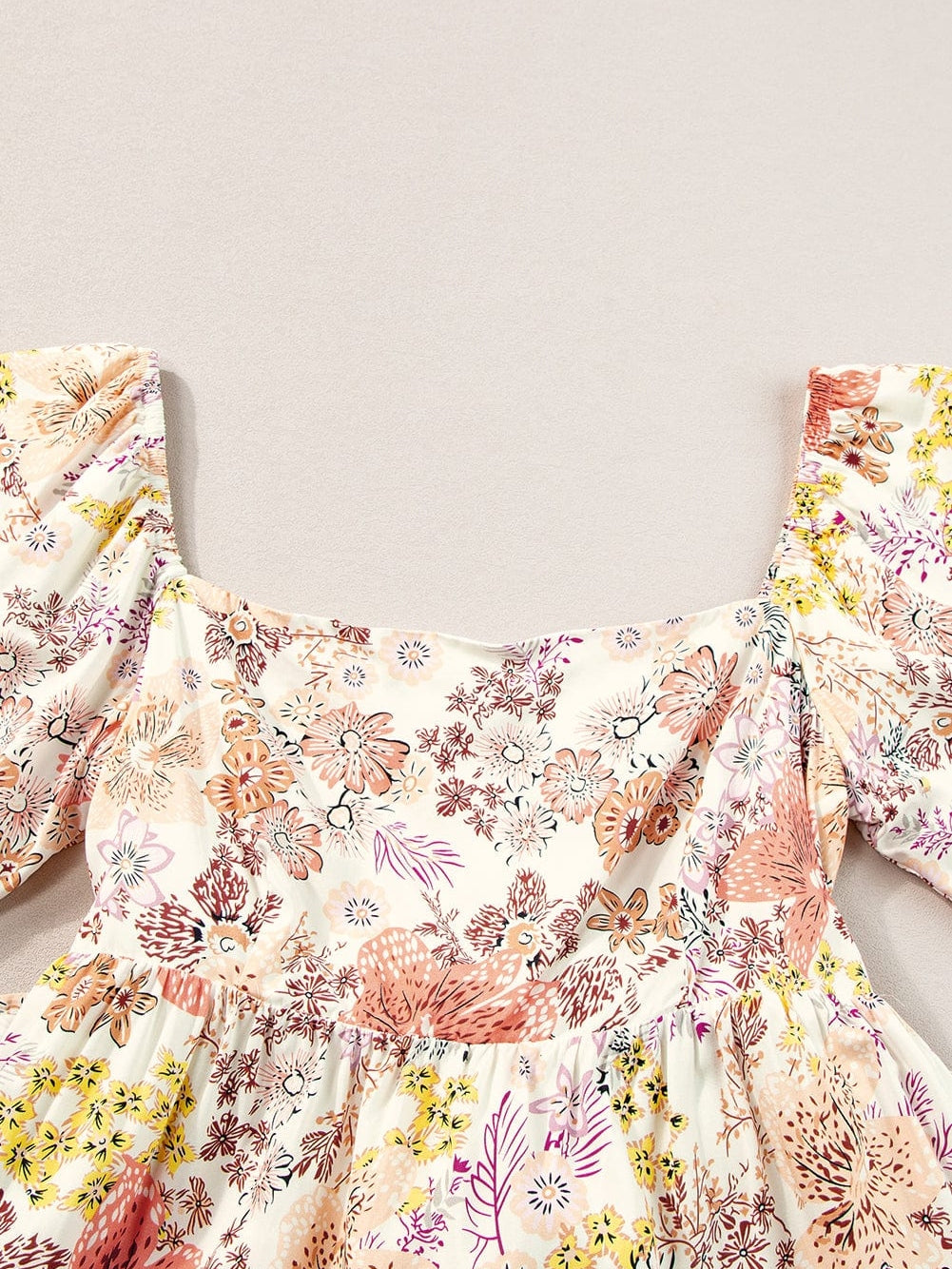 Khaki Square Neck Mini Dress with Floral Print
